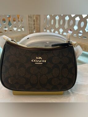 COACH Brown Signature Canvas Small Zip Crossbody with Gold Hardware